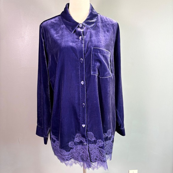 Soft Surroundings Eden Velvet Lace Button Down Shirt 1X Shacket Cozy Luxe Velvet - Picture 2 of 8